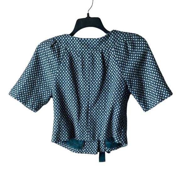 Elevenses Wool Cropped Front Tie Top Women Size 4 3/4 Sleeves Tweed Green White - Picture 4 of 10
